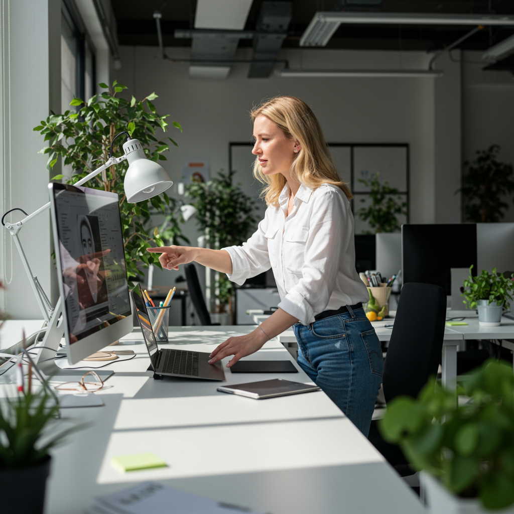 A female entrepreneur in casual dress, blonde, jeans and a white blouse, interacting with a virtual AI assistant on a screen on her desk, highlighting smart business support, in a well lit open plan office space on a sunny summers day with plants, symbolising growth and innovation