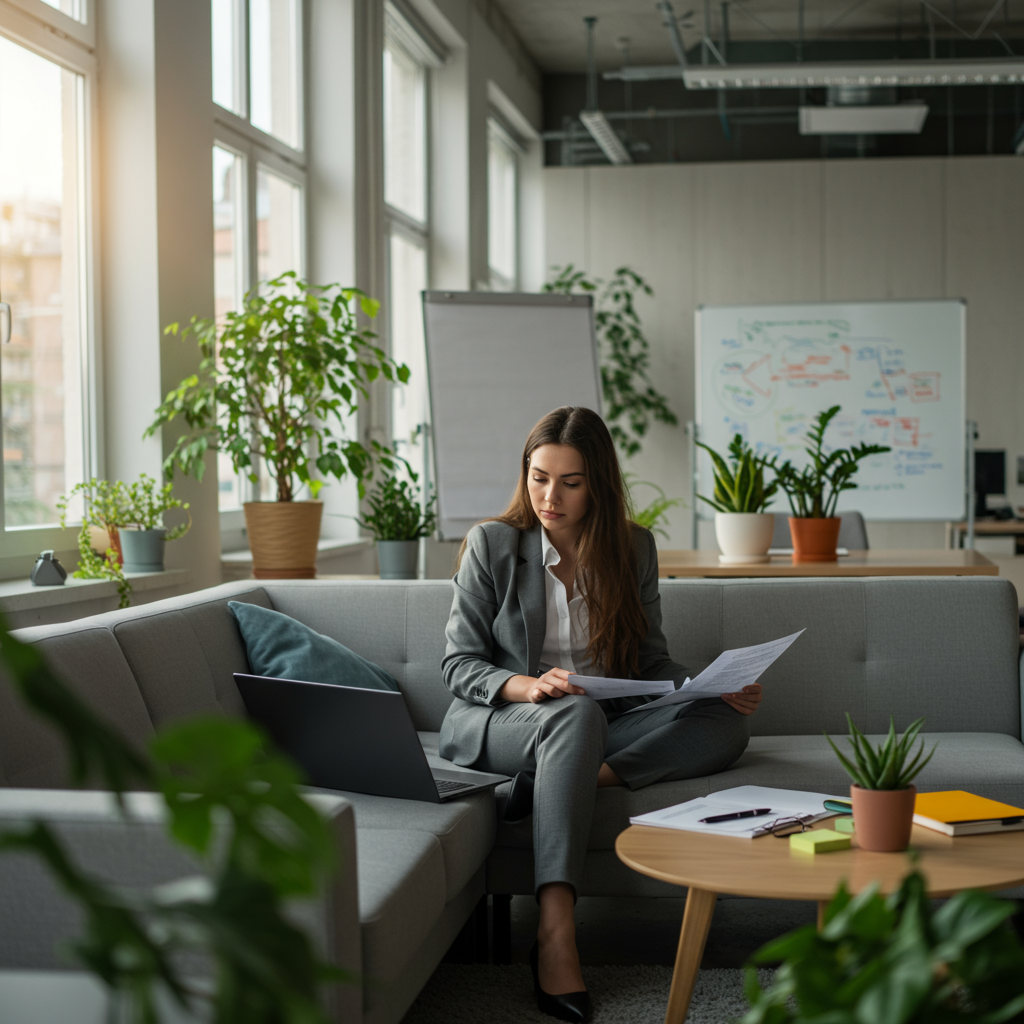 A modern female entrepreneur planning strategy on a sofa in a well lit open plan office space with plants, symbolising growth and innovation