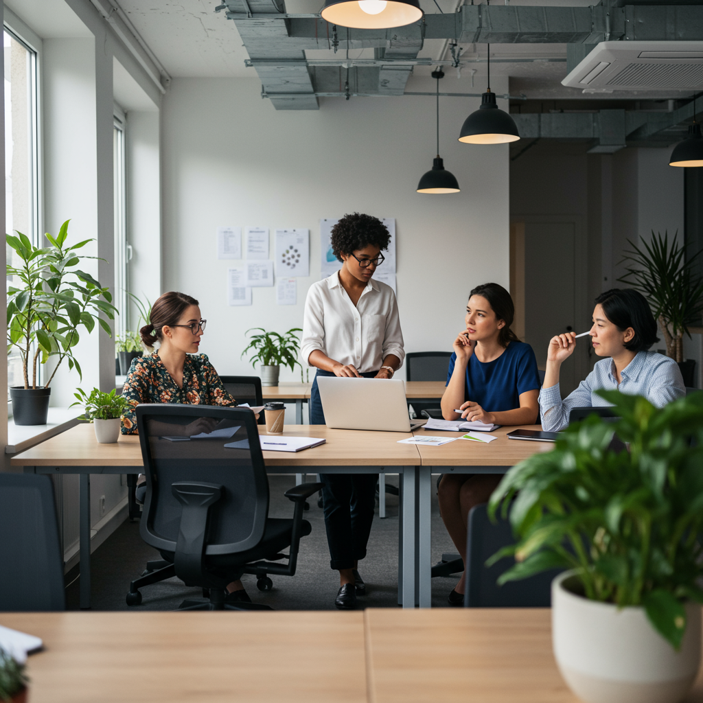 A modern workspace with a female entrepreneur working on workflow diagrams and collaborating with a team, representing streamlined processes, in a well lit open plan office space on a summers day with plants, symbolising growth and innovation
